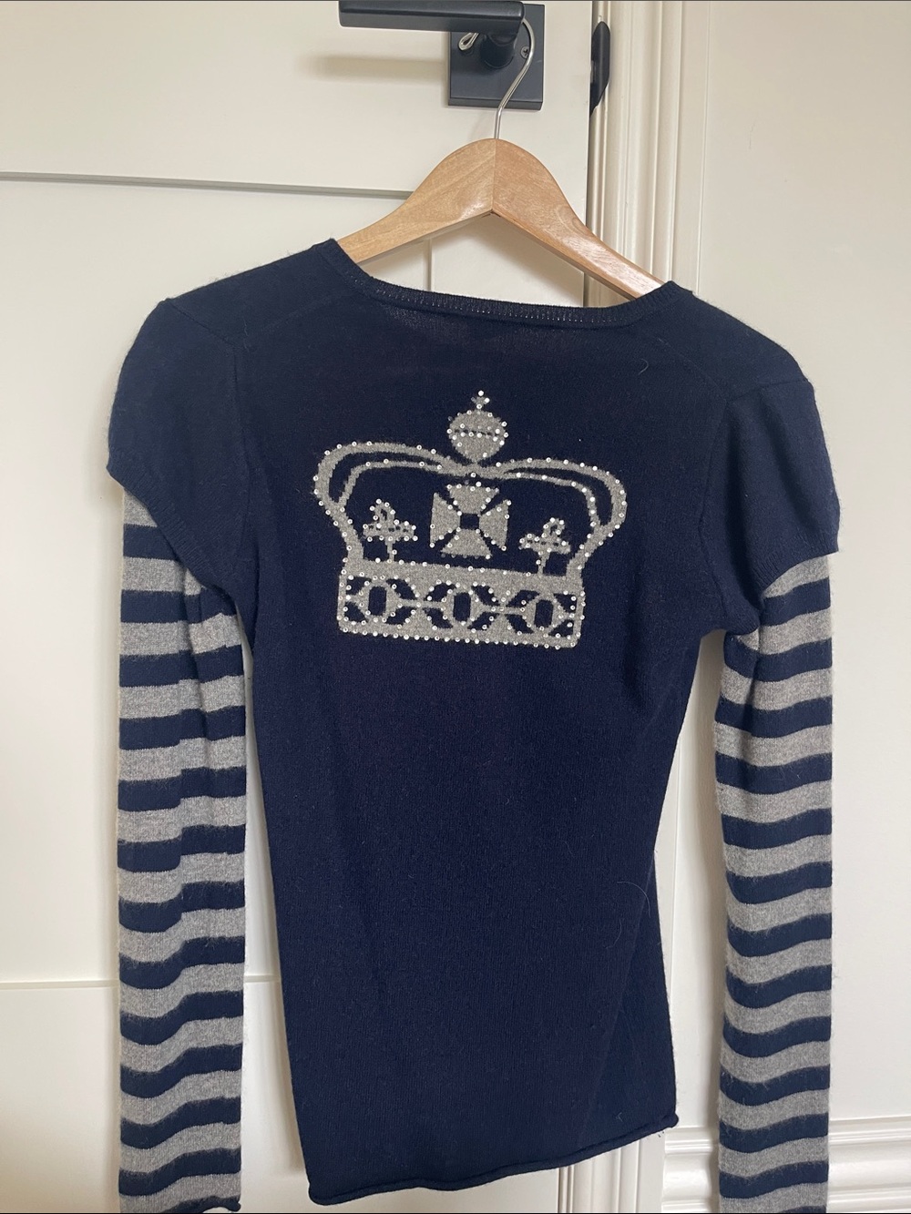 BCBG MAXAZRIA Navy Sweater with Silver Crown Detail on back and Striped Sleeves
